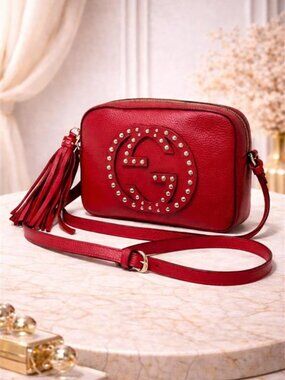 Authentic Gucci Soho Studded Red Leather Disco Crossbody Bag GG Logo